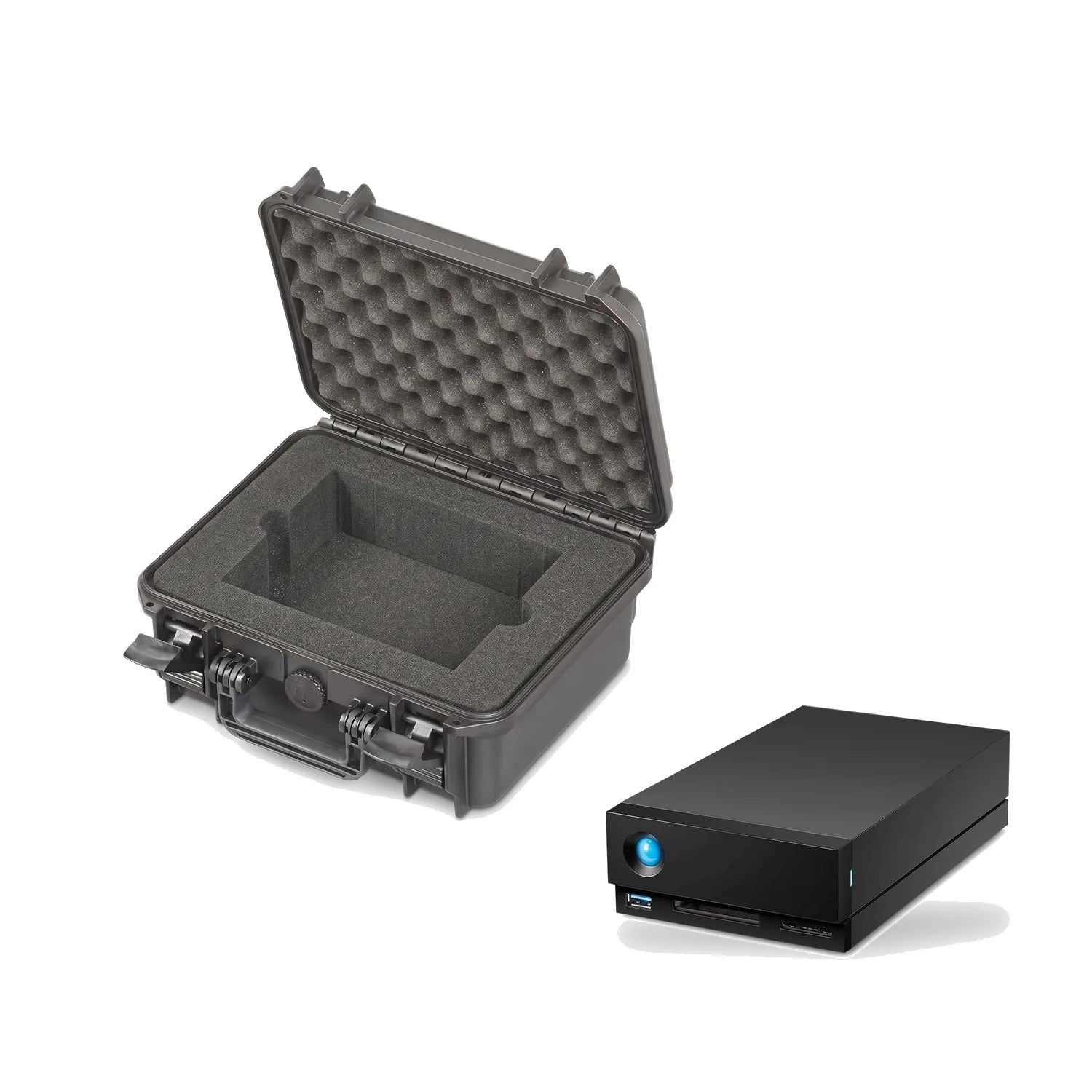 Case Kavach Vantage 180 hard case with laser-cut foam, shown beside the LaCie 1big Dock